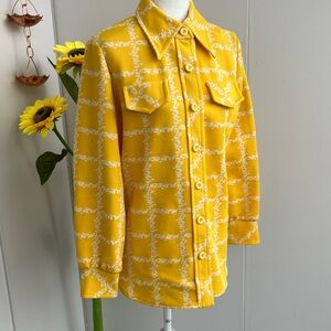 Vintage 60s 70s Marigold Yellow with White Print Dagger Collar Button Up Shirt